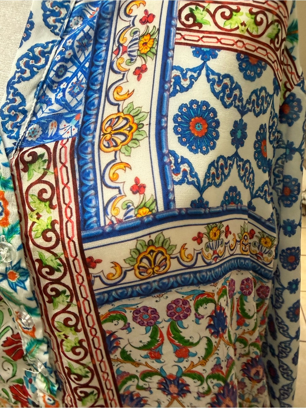 Bohemian Floral Patchwork Button-Up Blouse - Blue - Picture 3 of 7